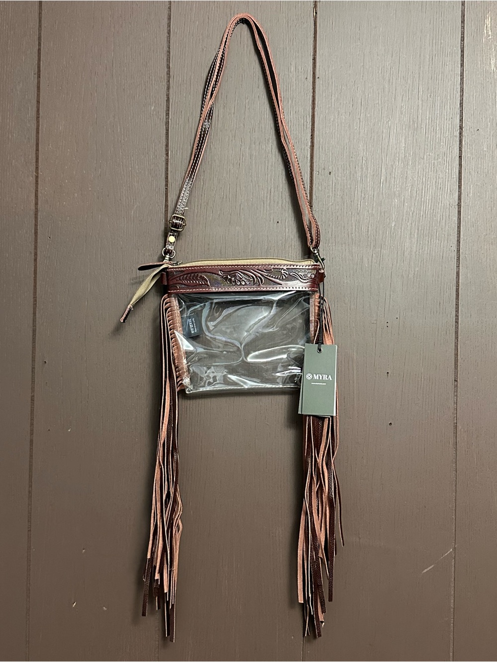 Myra Bag Clear Crossbody with Brown Leather Fringe and Tan Strap